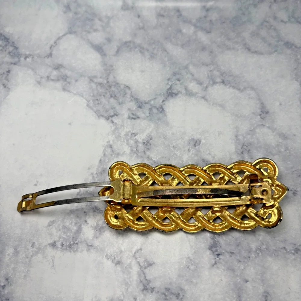 Vintage Quality Made Gold Tone Knot Hair Barrette Made In France Large Signed